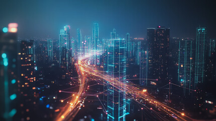 Obraz premium Smart digital Innovation city with connection network reciprocity over the cityscape. of future smart wireless digital city and social media networking systems that connects people with in city