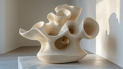 Abstract stone sculpture with organic shapes and natural light surrounded by minimalist architecture