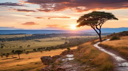 Savannah Sunset with Acacia Tree Silhouette