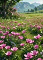 Fototapeta premium Vibrant pink spring flowers in a lush green meadow, pink flowers, flower field , gardenia
