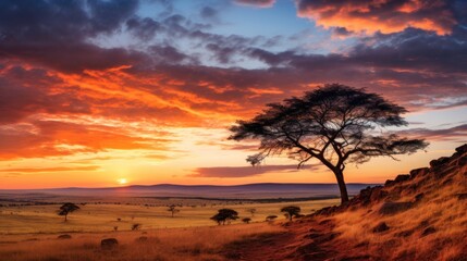 Savannah Sunset with Acacia Tree Silhouette