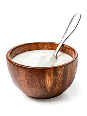 Creamy Yogurt in Wooden Bowl - Fresh yogurt, healthy snack, dairy product, wooden bowl, spoon.  Represents health, freshness, and natural goodness.