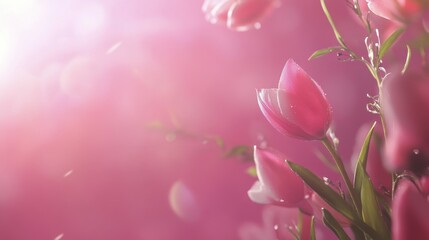 Obraz premium Beautiful blooming pink tulips in soft focus against a gentle light backdrop