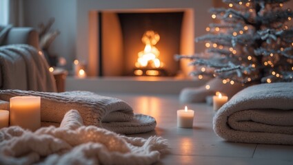 Cozy holiday scene with glowing fireplace