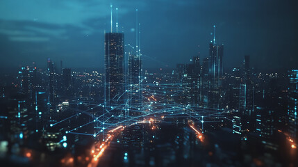 Fototapeta premium Smart digital Innovation city with connection network reciprocity over the cityscape. of future smart wireless digital city and social media networking systems that connects people with in city