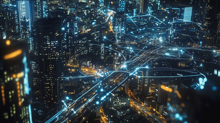 Naklejka premium Smart digital Innovation city with connection network reciprocity over the cityscape. of future smart wireless digital city and social media networking systems that connects people with in city