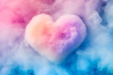 Colorful heart shape formed by cotton candy in vibrant clouds of pastel hues