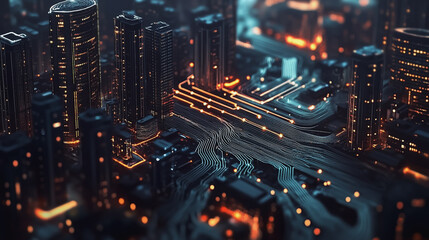 Obraz premium Smart digital Innovation city with connection network reciprocity over the cityscape. of future smart wireless digital city and social media networking systems that connects people with in city
