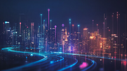 Smart digital Innovation city with connection network reciprocity over the cityscape. of future smart wireless digital city and social media networking systems that connects people with in city