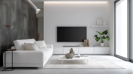 Minimalist Luxury Living Room with White Sofa and TV Unit in Modern Interior Design