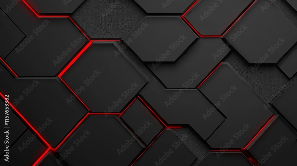 Poster Abstract dark hexagon pattern with red neon lines. Futuristic technology background.