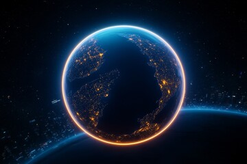 Fototapeta premium Earth at Night From Space - Global illumination, technological advancement, human impact, environmental awareness, future potential.
