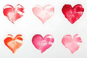 Colorful heart shapes showcasing various shades of red and pink on a white background