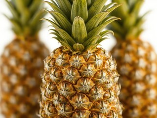 Obraz premium Ripe pineapple, vibrant yellow skin, green crown, isolated, juicy, fruit