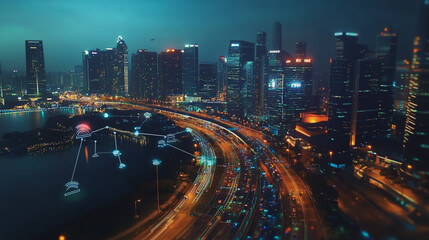 Fototapeta premium Smart digital Innovation city with connection network reciprocity over the cityscape. of future smart wireless digital city and social media networking systems that connects people with in city