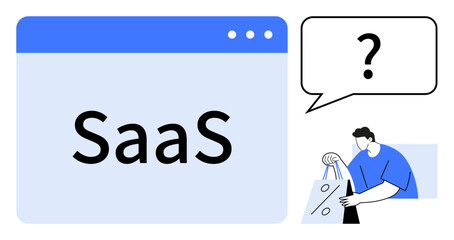 SaaS window with man holding shopping bag, speech bubble with question mark. Ideal for tech support, e-commerce, online shopping, customer inquiries, SaaS products, virtual assistance, digital tools