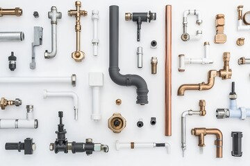 Industrial Plumbing Components Displayed in Minimalist Style on White Background