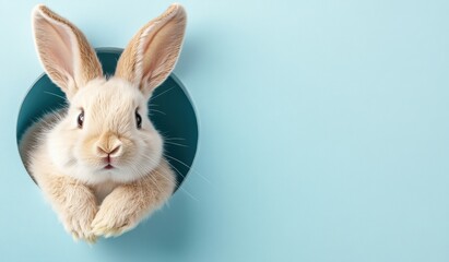 A cheerful white rabbit playfully peeks out from a vibrant opening, brilliantly embodying the joyful spirit of Easter celebrations, with soft pastel tones gracefully filling the enchanting background