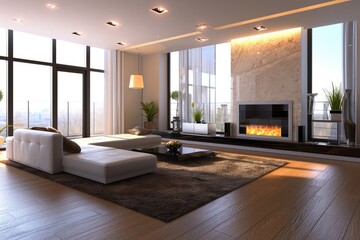Modern 3D Interior Design of a Stylish Living Room with Fireplace