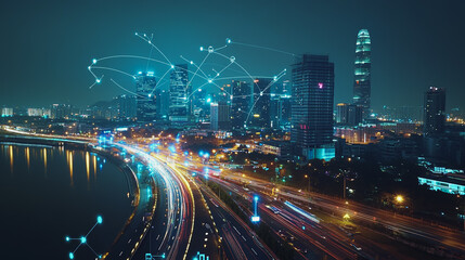 Obraz premium Smart digital Innovation city with connection network reciprocity over the cityscape. of future smart wireless digital city and social media networking systems that connects people with in city