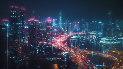 Smart digital Innovation city with connection network reciprocity over the cityscape. of future smart wireless digital city and social media networking systems that connects people with in city