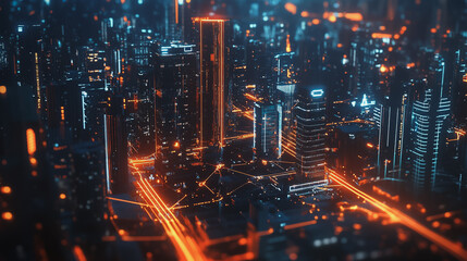 Fototapeta premium Smart digital Innovation city with connection network reciprocity over the cityscape. of future smart wireless digital city and social media networking systems that connects people with in city