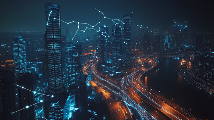 Naklejka premium Smart digital Innovation city with connection network reciprocity over the cityscape. of future smart wireless digital city and social media networking systems that connects people with in city