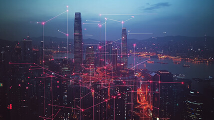 Fototapeta premium Smart digital Innovation city with connection network reciprocity over the cityscape. of future smart wireless digital city and social media networking systems that connects people with in city