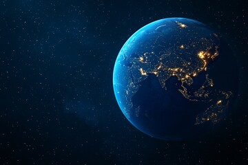 Obraz premium Earth Globe Night View From Space - A stunning view of Earth at night, showcasing city lights, continents, and the vast expanse of space. Symbolizing globalization, technology, human impact, environme