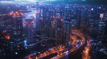 Fototapeta premium Smart digital Innovation city with connection network reciprocity over the cityscape. of future smart wireless digital city and social media networking systems that connects people with in city