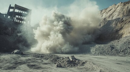 Large explosion creates a massive dust cloud in a rocky landscape during daytime
