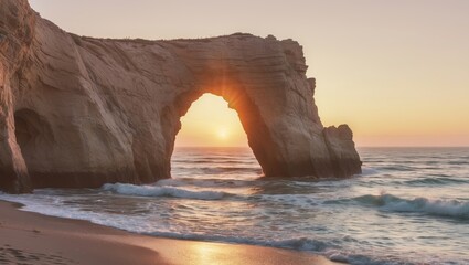 Beautiful coastal view framed by natural rock arch at sunset near the ocean