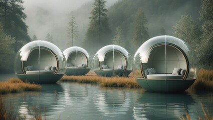 A series of clear soundproof pods placed in natural settings