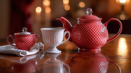 Fototapeta premium Elegant red teapot with white cup and sugar bowl on polished wooden table
