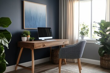 Bright home office featuring sleek desk, cozy chair, lush plants