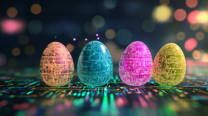 circuit board , Happy easter's text and easter eggs by technological style ,  technology background with light spots 