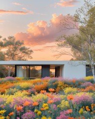 Obraz premium Beautiful Modern House Surrounded by Vibrant Flowers Under a Stunning Sunset Sky with Colorful Trees