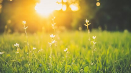 Fototapeta premium Sunlit Meadow with Blooming Flowers and Soft Golden Light at Sunrise