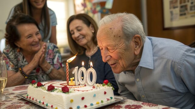 Senior Gentleman Celebrates His 100th Birthday Surrounded by Family and Friends With a Cake and Candles. Generative AI