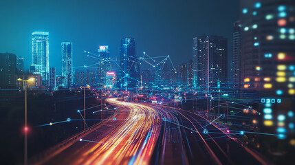 Smart digital Innovation city with connection network reciprocity over the cityscape. of future smart wireless digital city and social media networking systems that connects people with in city