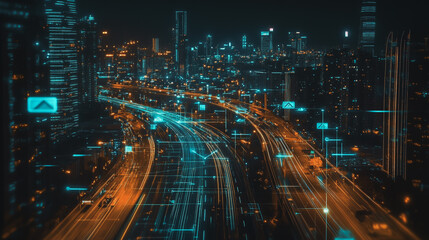 Fototapeta premium Smart digital Innovation city with connection network reciprocity over the cityscape. of future smart wireless digital city and social media networking systems that connects people with in city