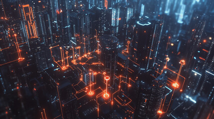 Fototapeta premium Smart digital Innovation city with connection network reciprocity over the cityscape. of future smart wireless digital city and social media networking systems that connects people with in city