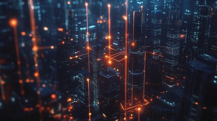 Fototapeta premium Smart digital Innovation city with connection network reciprocity over the cityscape. of future smart wireless digital city and social media networking systems that connects people with in city