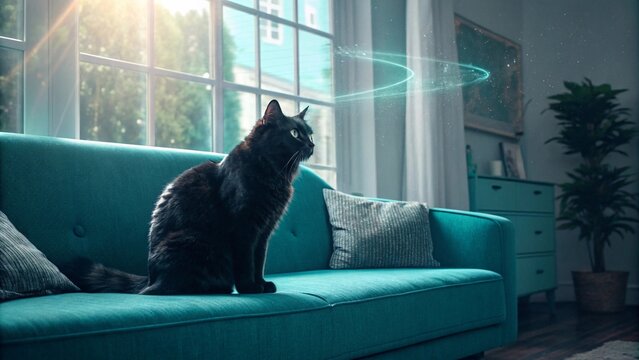 black cat's fur glitch art styles on teal couch reflecting glitching god-rays window