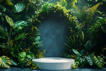 A 3D podium with a sleek white frame surrounded by lush green tropical leaves, perfect for natural product displays or branding presentations, exuding freshness and elegance