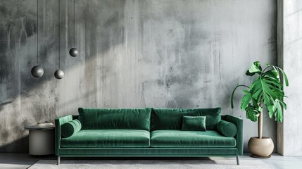Modern Living Room Interior with Green Velvet Sofa and Stone Poster