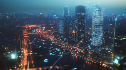 Obraz premium Smart digital Innovation city with connection network reciprocity over the cityscape. of future smart wireless digital city and social media networking systems that connects people with in city