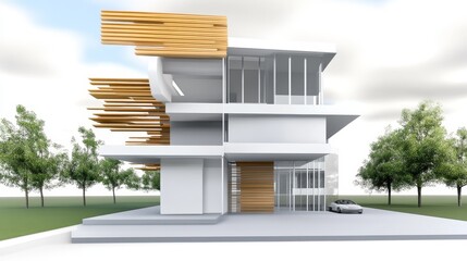 Fototapeta premium Modern Architectural Design Home - Contemporary home design, sleek lines, wood accents, glass facade, spacious living.