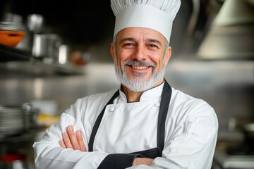 Senior chef smiling with arms crossed in restaurant kitchen - Powered by Adobe