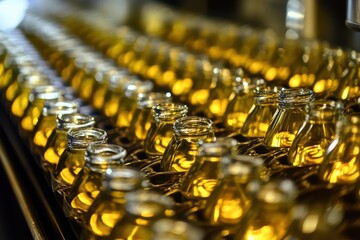 Bottles of cooking oil being filled on an assembly line in a production facility during daytime